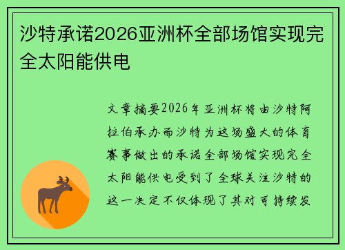 沙特承诺2026亚洲杯全部场馆实现完全太阳能供电